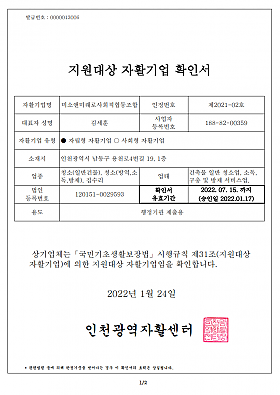 지원대상 자활기업 확인서
자활기업명 : 미소앤미래로사회적협동조합
인정번호 : 제2021-02호
대표자 성명 : 김세훈
사업자 등록번호 : 188-82-00359
자활기업 유형 : 자립형 자활기업
소재지 : 인천광역시 남동구 용천로4번길 29, 1층
업종 : 청소(일반건물), 청소(방역, 소독, 방제), 집수리
업태 : 건축물 일반 청소업, 소독, 구충 및 방제 서비스업
법인 등록번호 : 120151-0029593
확인서 유효기간 : 2022.07.15까지 (승인일 2022.01.17)
용도 : 행정기관 제출용
상기업체는 국민기초생활보장법 시행규칙 제31조(지원대상 자활기업)에 의한 지원대상 자활기업임을 확인합니다.
2022년 1월 24일
인천광역자활센터
*관련법령 등에 의해 판정기준을 벗어나는 경우 이 확인서의 효력은 상실됩니다.